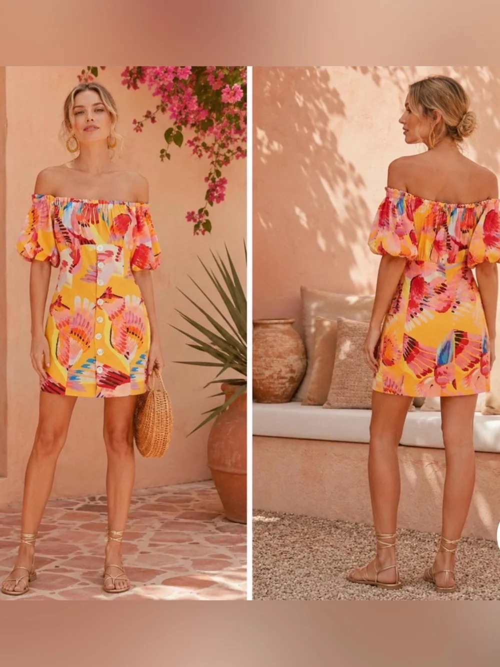🎀FARM RIO yellow off the shoulder dress size XS GUC puff sleeves parrot print - Picture 2 of 12